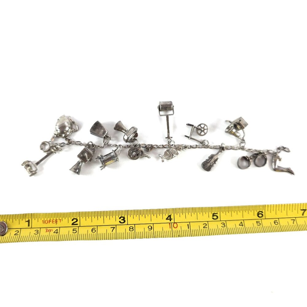 Vintage Sterling Silver Charm Bracelet 14 Charms – 3D, many moving parts
